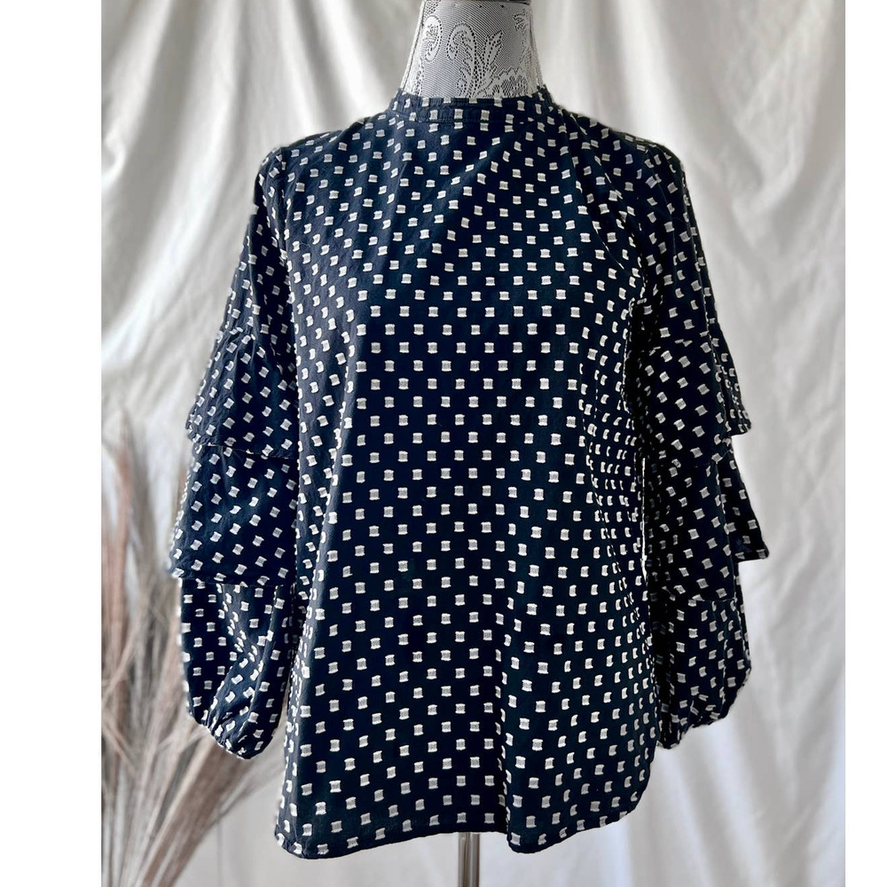 LOFT Petite Black and White Textured Ruffle Sleeve Cotton Blouse - Picture 7 of 7